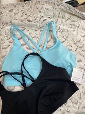 lululemon athletica Blue and Black Strappy Sports Bras. Blue-NWT, Black- EUC